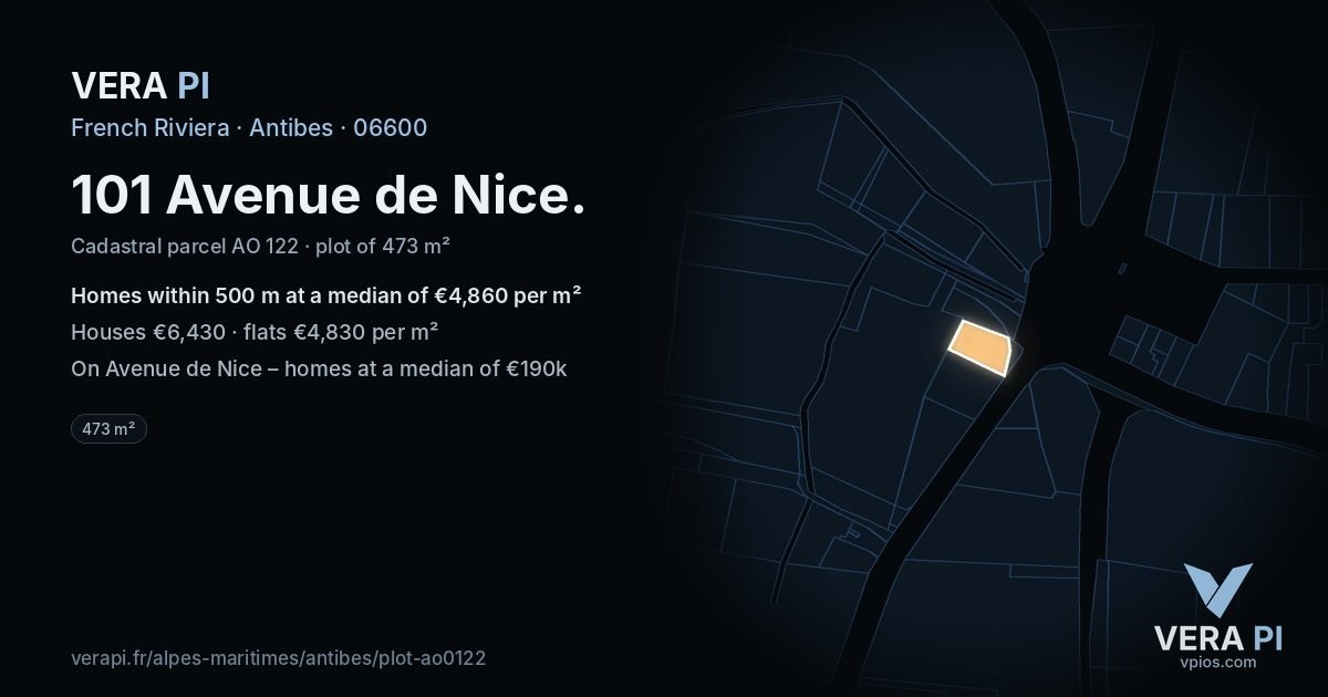 101 Avenue de Nice, Antibes at night – the plot lit, the parcels around coloured by the prices near them