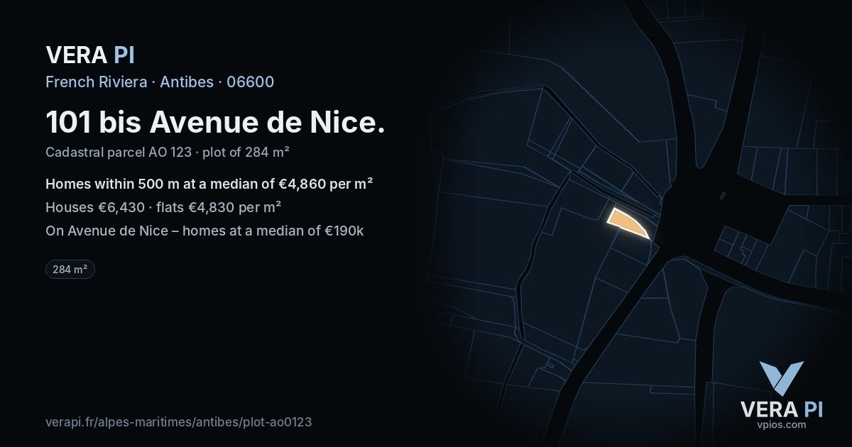 101 bis Avenue de Nice, Antibes at night – the plot lit, the parcels around coloured by the prices near them