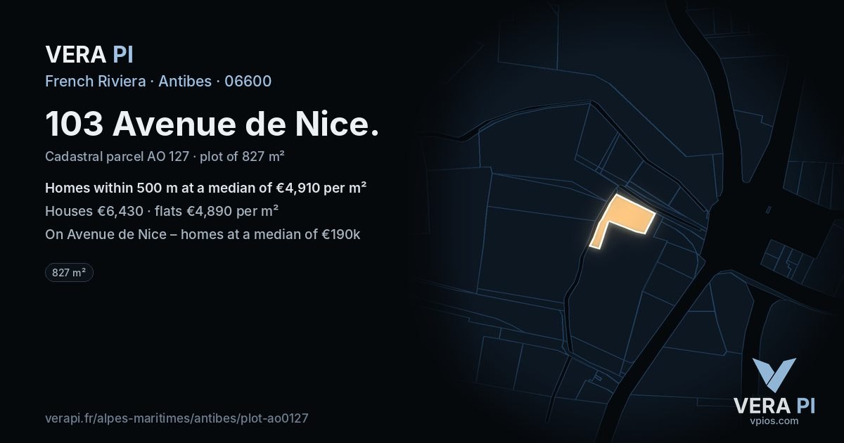 103 Avenue de Nice, Antibes at night – the plot lit, the parcels around coloured by the prices near them