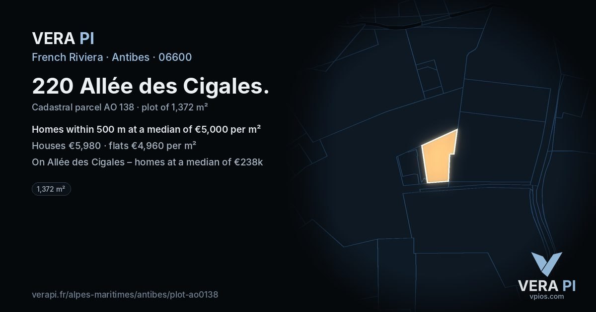 220 Allée des Cigales, Antibes at night – the plot lit, the parcels around coloured by the prices near them