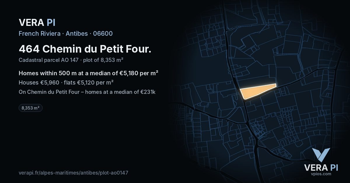 464 Chemin du Petit Four, Antibes at night – the plot lit, the parcels around coloured by the prices near them