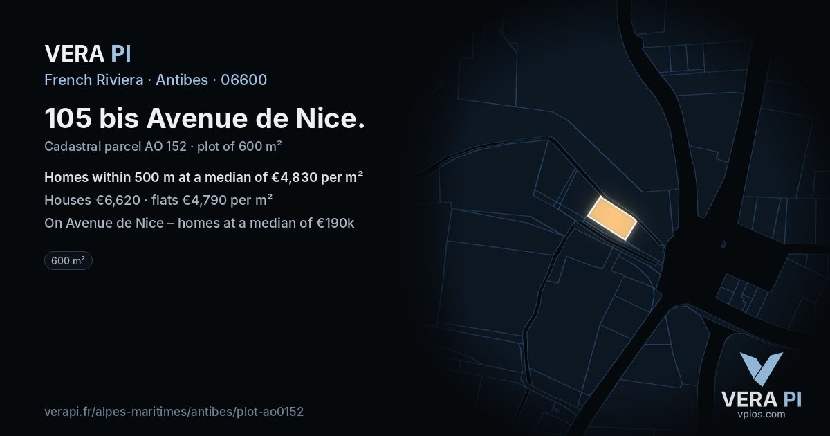 105 bis Avenue de Nice, Antibes at night – the plot lit, the parcels around coloured by the prices near them