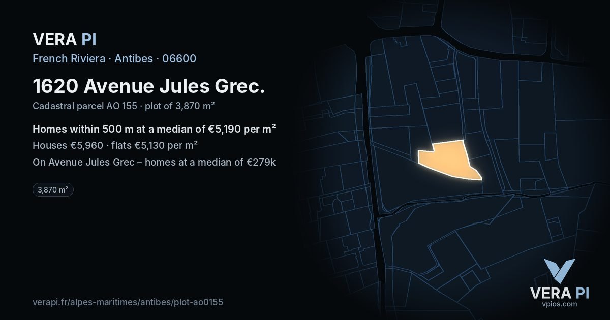 1620 Avenue Jules Grec, Antibes at night – the plot lit, the parcels around coloured by the prices near them