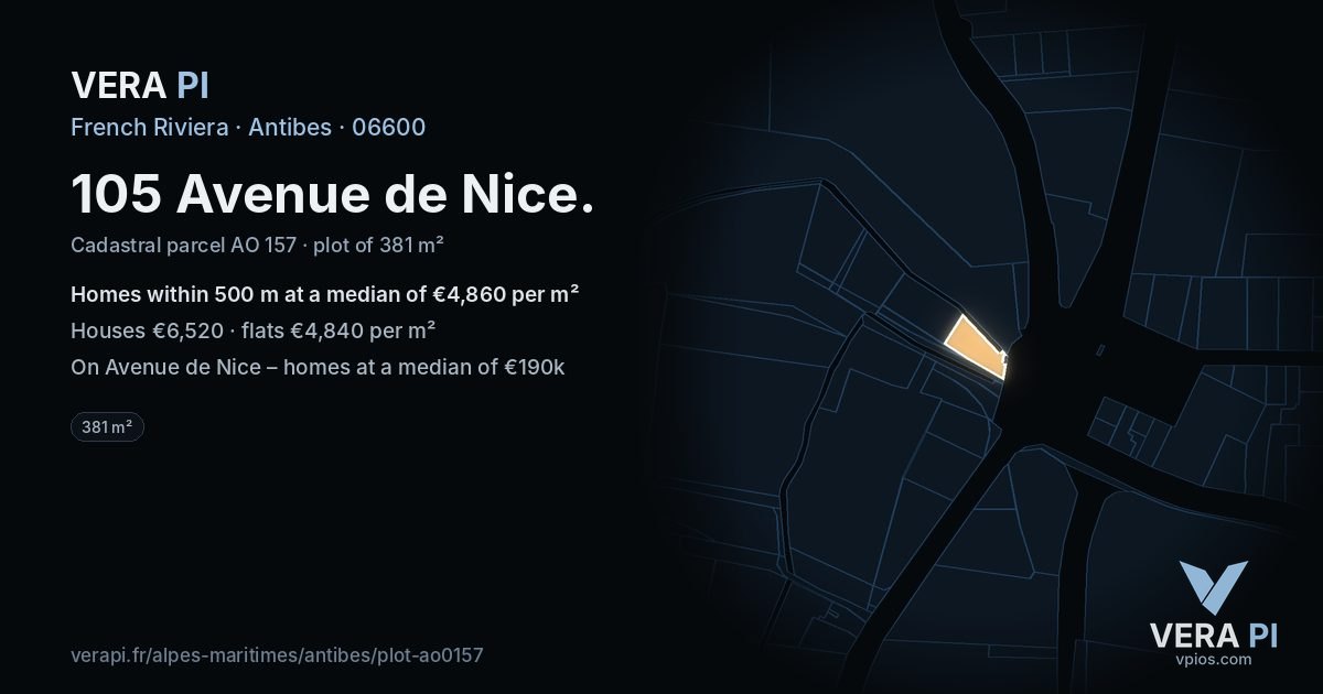 105 Avenue de Nice, Antibes at night – the plot lit, the parcels around coloured by the prices near them