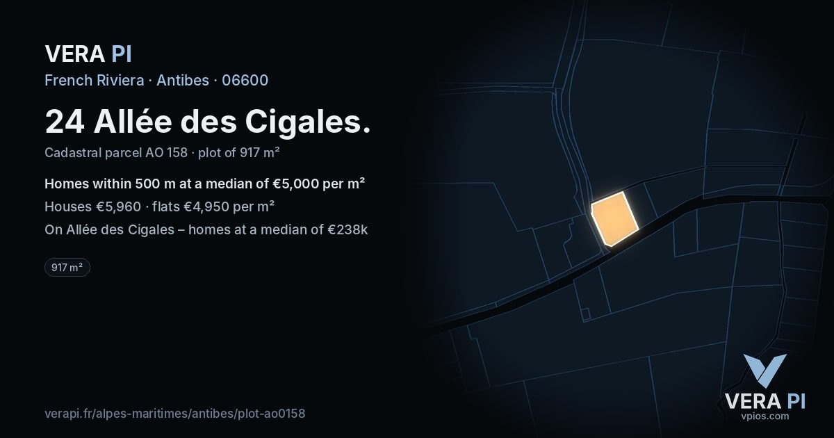 24 Allée des Cigales, Antibes at night – the plot lit, the parcels around coloured by the prices near them