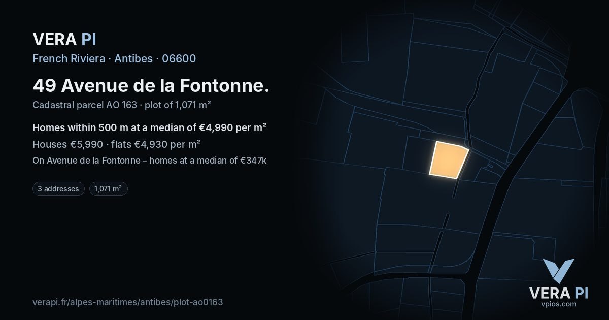49 Avenue de la Fontonne, Antibes at night – the plot lit, the parcels around coloured by the prices near them