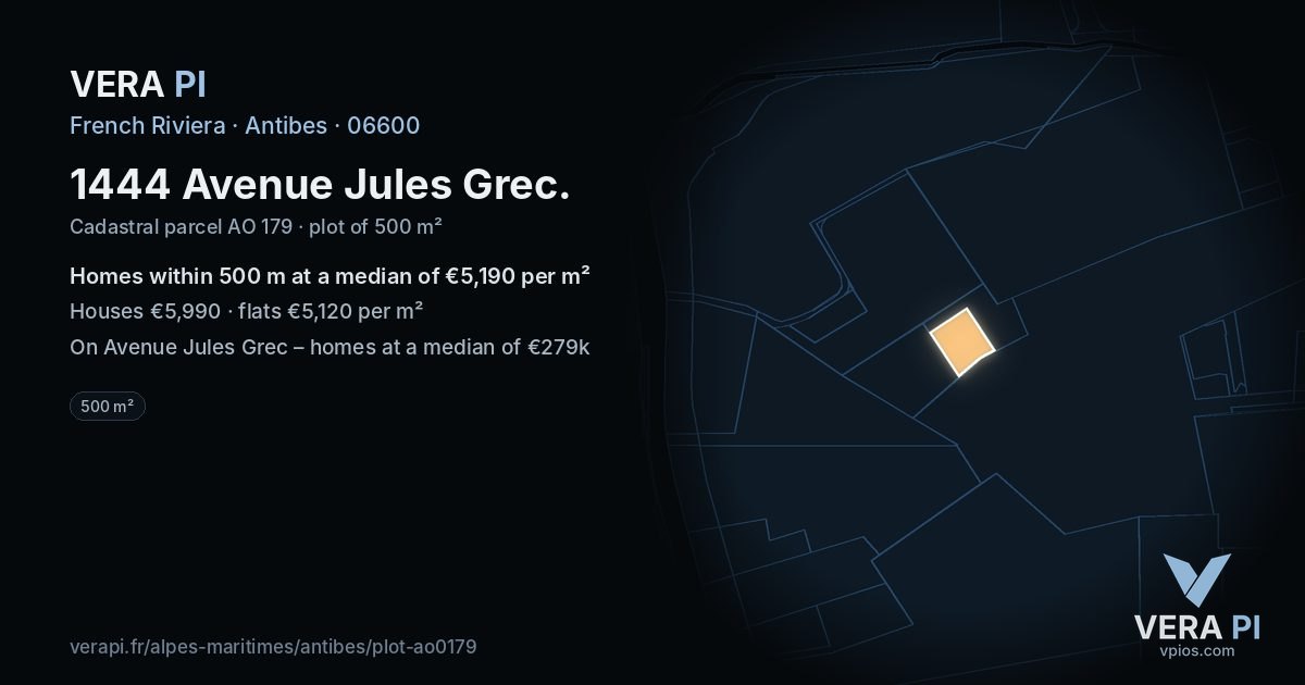 1444 Avenue Jules Grec, Antibes at night – the plot lit, the parcels around coloured by the prices near them
