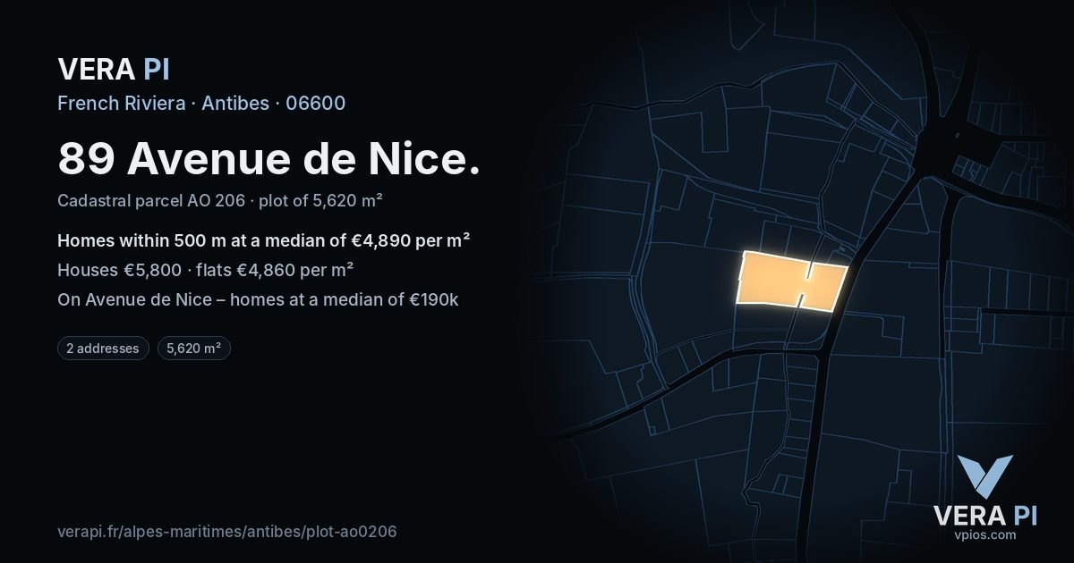 89 Avenue de Nice, Antibes at night – the plot lit, the parcels around coloured by the prices near them