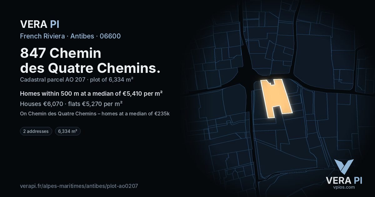 847 Chemin des Quatre Chemins, Antibes at night – the plot lit, the parcels around coloured by the prices near them