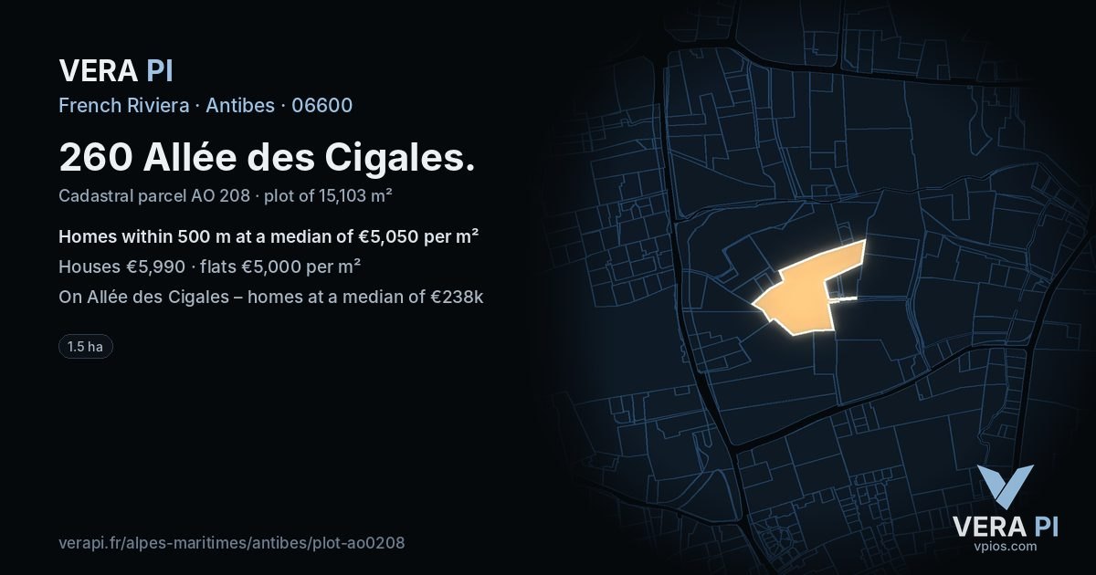 260 Allée des Cigales, Antibes at night – the plot lit, the parcels around coloured by the prices near them