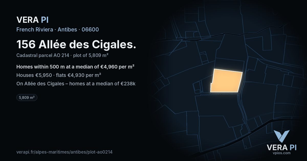 156 Allée des Cigales, Antibes at night – the plot lit, the parcels around coloured by the prices near them