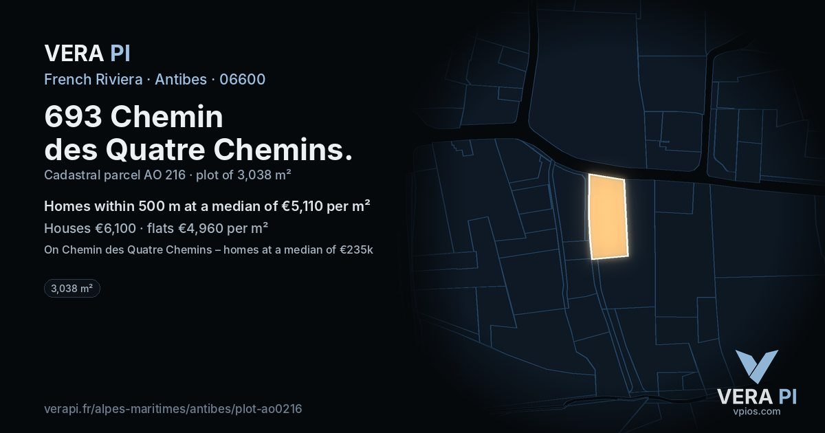 693 Chemin des Quatre Chemins, Antibes at night – the plot lit, the parcels around coloured by the prices near them