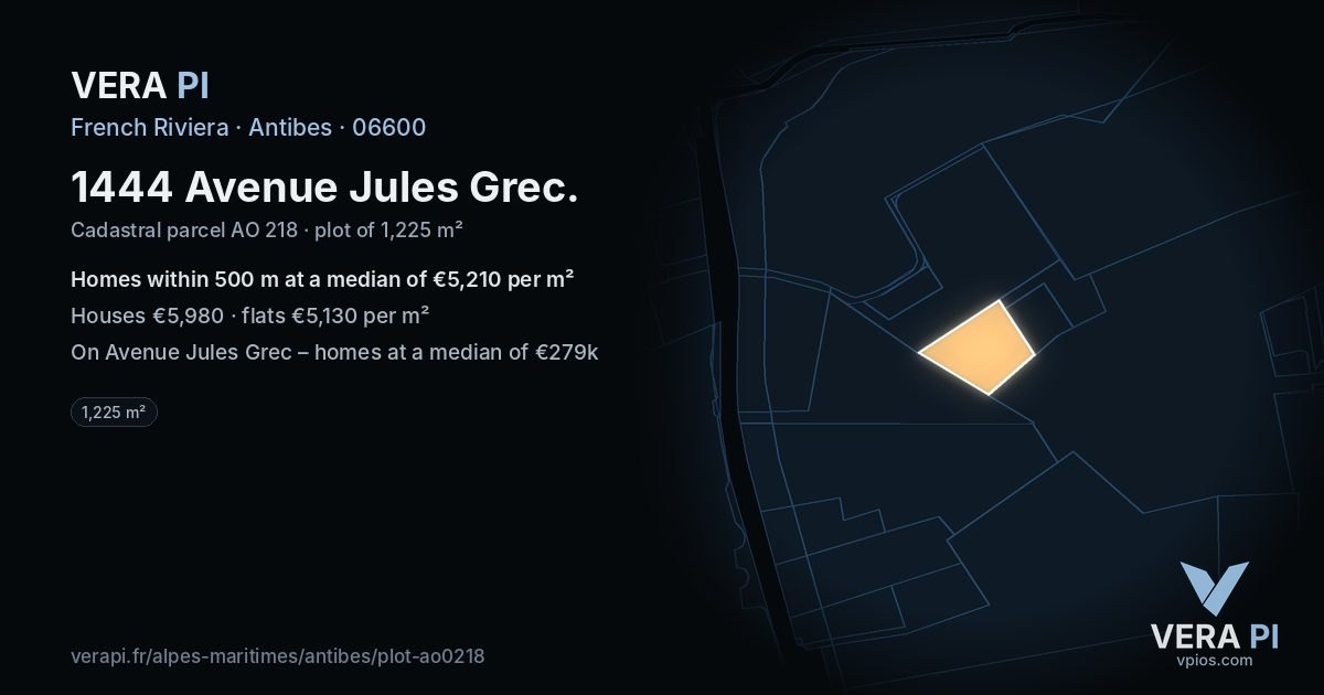 1444 Avenue Jules Grec, Antibes at night – the plot lit, the parcels around coloured by the prices near them