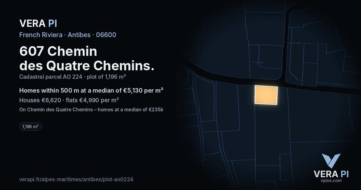 607 Chemin des Quatre Chemins, Antibes at night – the plot lit, the parcels around coloured by the prices near them