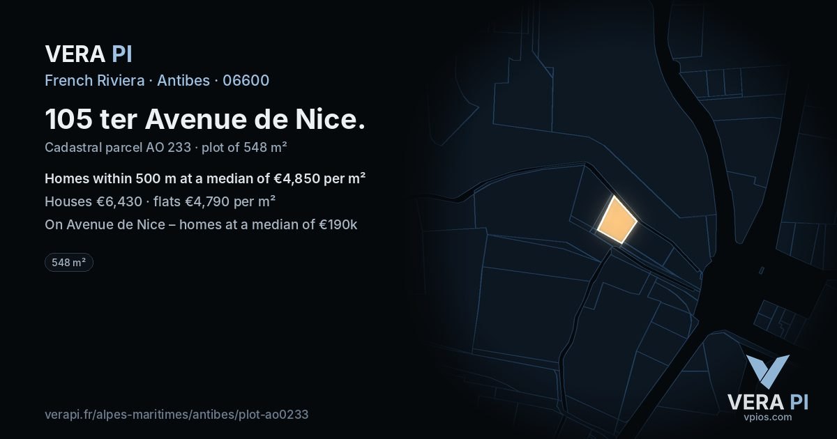 105 ter Avenue de Nice, Antibes at night – the plot lit, the parcels around coloured by the prices near them