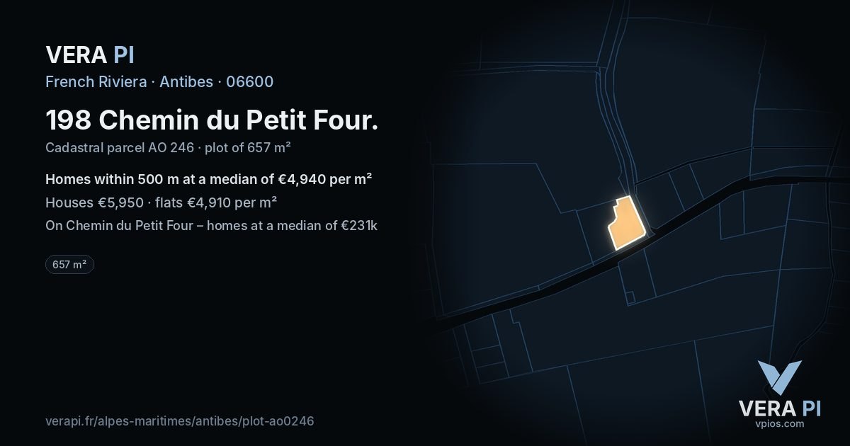 198 Chemin du Petit Four, Antibes at night – the plot lit, the parcels around coloured by the prices near them