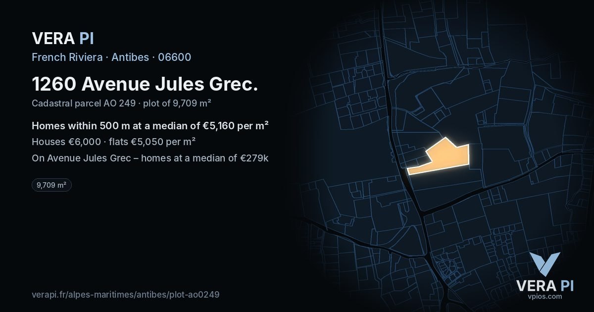 1260 Avenue Jules Grec, Antibes at night – the plot lit, the parcels around coloured by the prices near them
