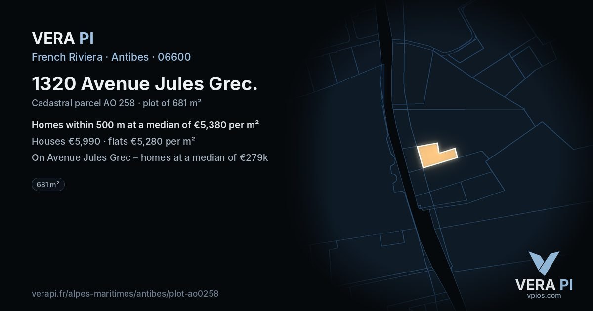 1320 Avenue Jules Grec, Antibes at night – the plot lit, the parcels around coloured by the prices near them