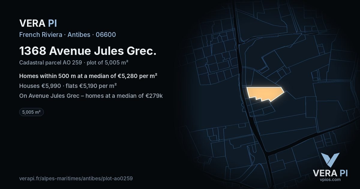 1368 Avenue Jules Grec, Antibes at night – the plot lit, the parcels around coloured by the prices near them