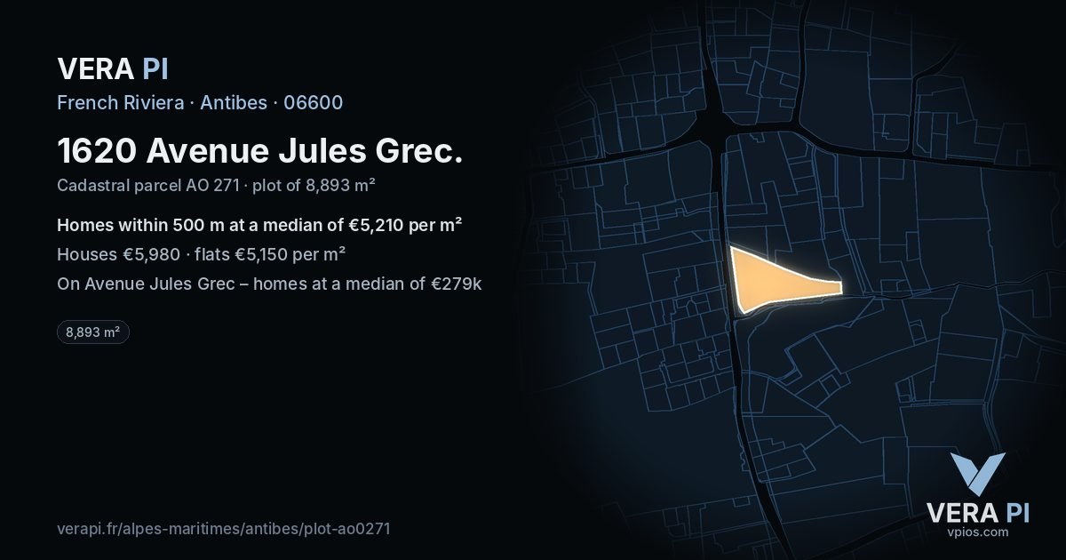 1620 Avenue Jules Grec, Antibes at night – the plot lit, the parcels around coloured by the prices near them