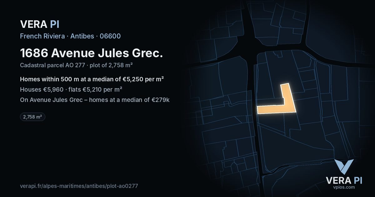 1686 Avenue Jules Grec, Antibes at night – the plot lit, the parcels around coloured by the prices near them