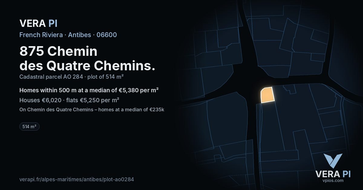 875 Chemin des Quatre Chemins, Antibes at night – the plot lit, the parcels around coloured by the prices near them