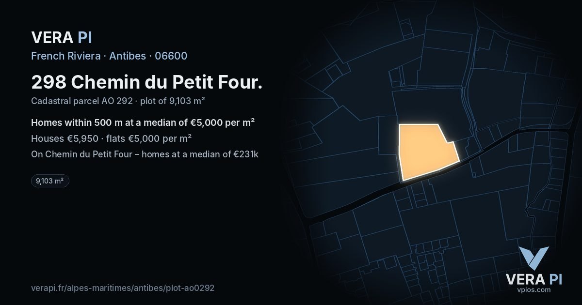 298 Chemin du Petit Four, Antibes at night – the plot lit, the parcels around coloured by the prices near them