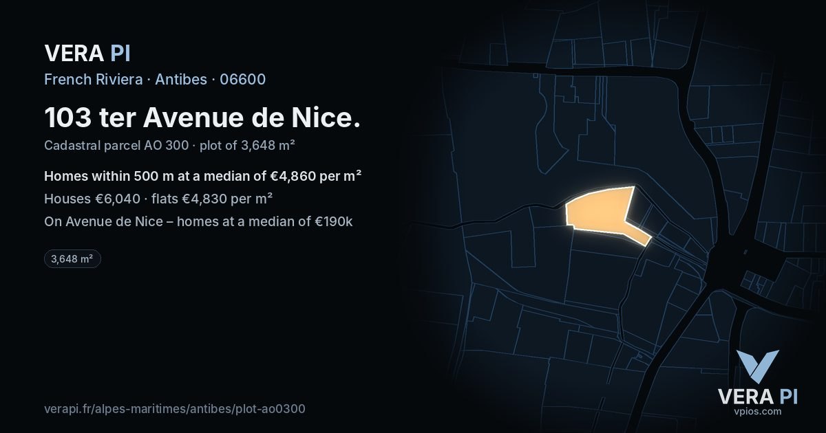 103 ter Avenue de Nice, Antibes at night – the plot lit, the parcels around coloured by the prices near them