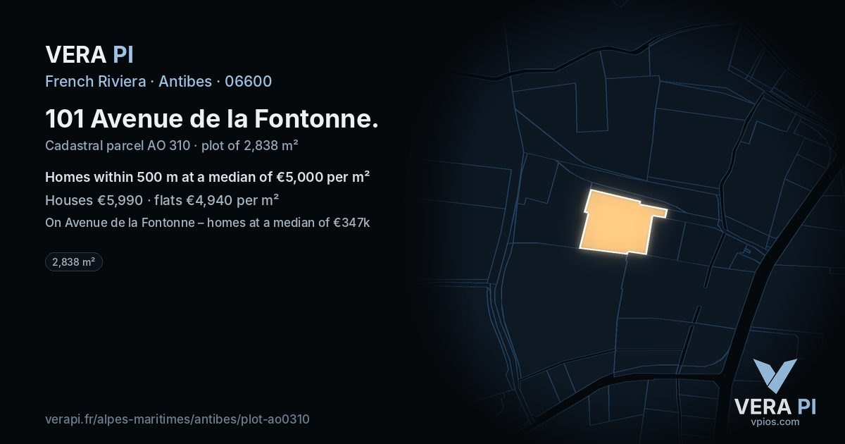 101 Avenue de la Fontonne, Antibes at night – the plot lit, the parcels around coloured by the prices near them