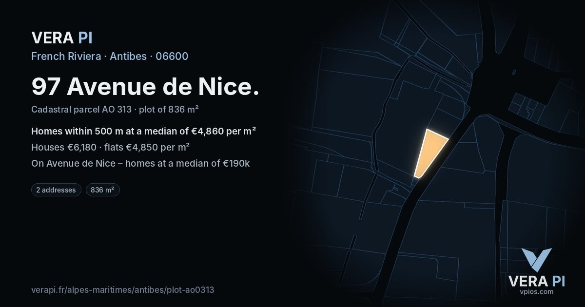 97 Avenue de Nice, Antibes at night – the plot lit, the parcels around coloured by the prices near them