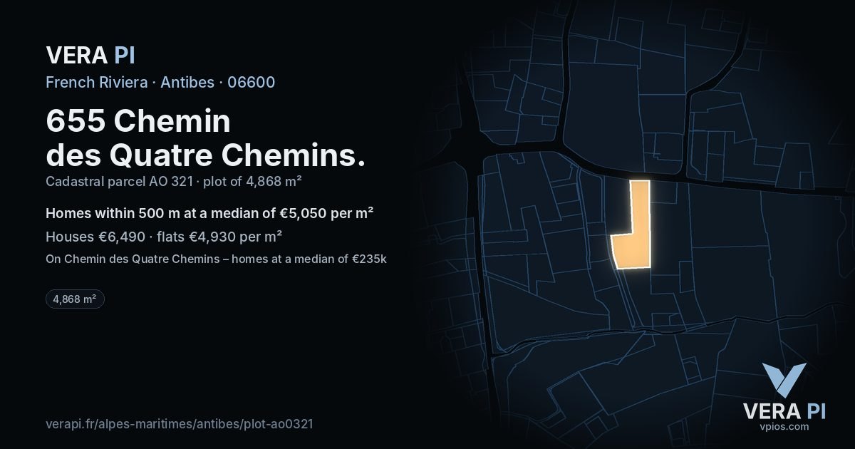 655 Chemin des Quatre Chemins, Antibes at night – the plot lit, the parcels around coloured by the prices near them