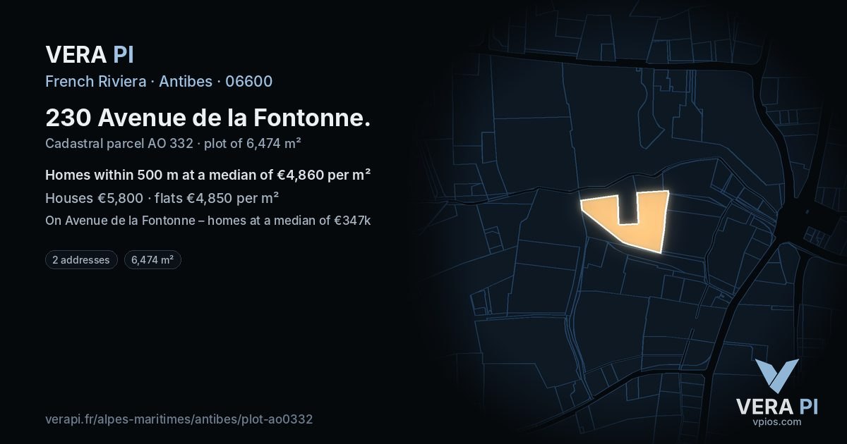 230 Avenue de la Fontonne, Antibes at night – the plot lit, the parcels around coloured by the prices near them