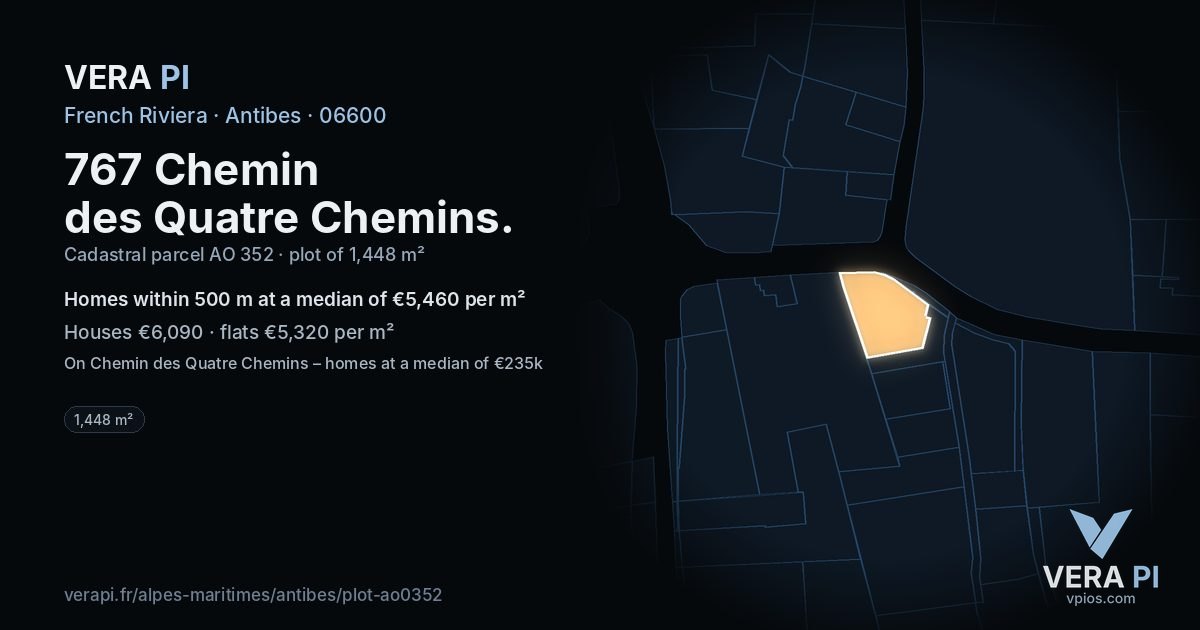 767 Chemin des Quatre Chemins, Antibes at night – the plot lit, the parcels around coloured by the prices near them