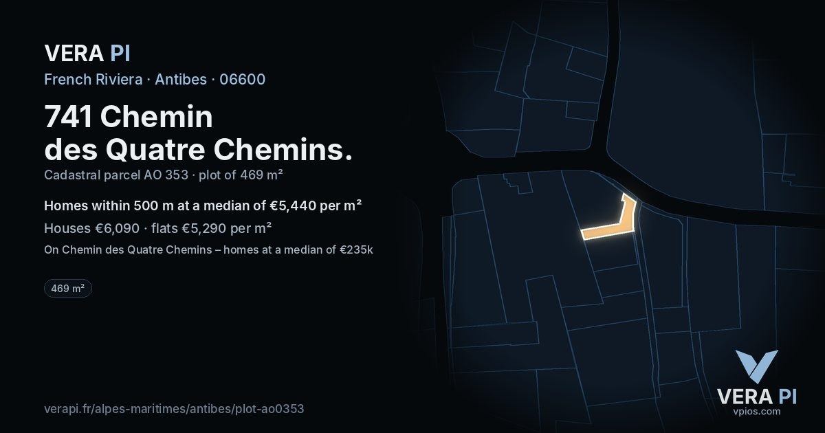 741 Chemin des Quatre Chemins, Antibes at night – the plot lit, the parcels around coloured by the prices near them