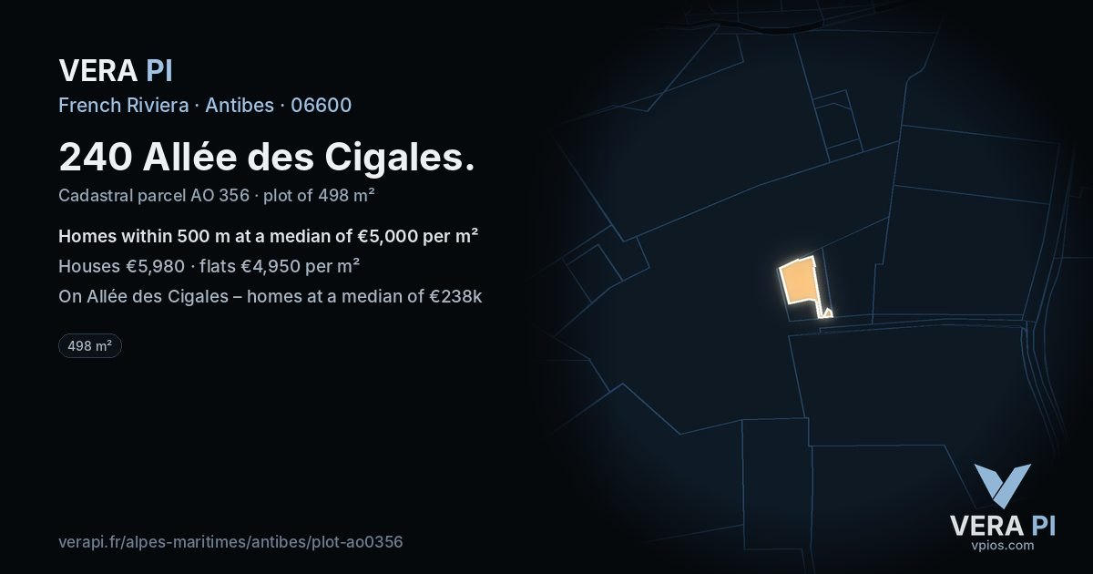 240 Allée des Cigales, Antibes at night – the plot lit, the parcels around coloured by the prices near them