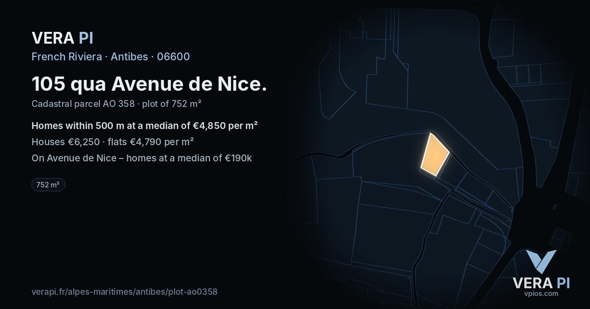 105 qua Avenue de Nice, Antibes at night – the plot lit, the parcels around coloured by the prices near them