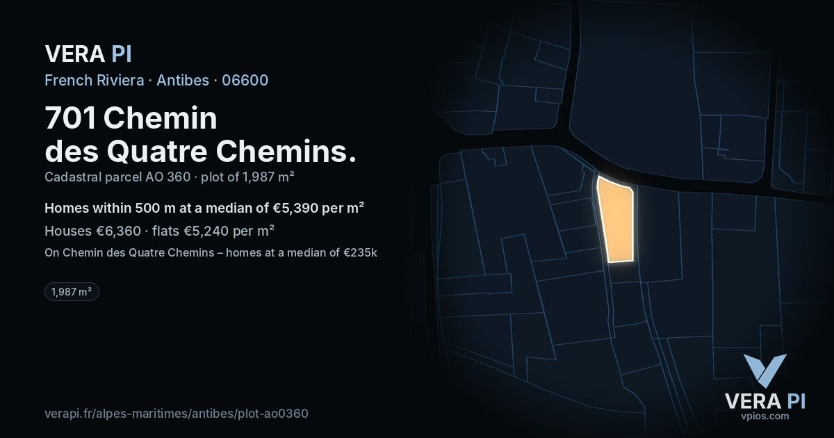 701 Chemin des Quatre Chemins, Antibes at night – the plot lit, the parcels around coloured by the prices near them