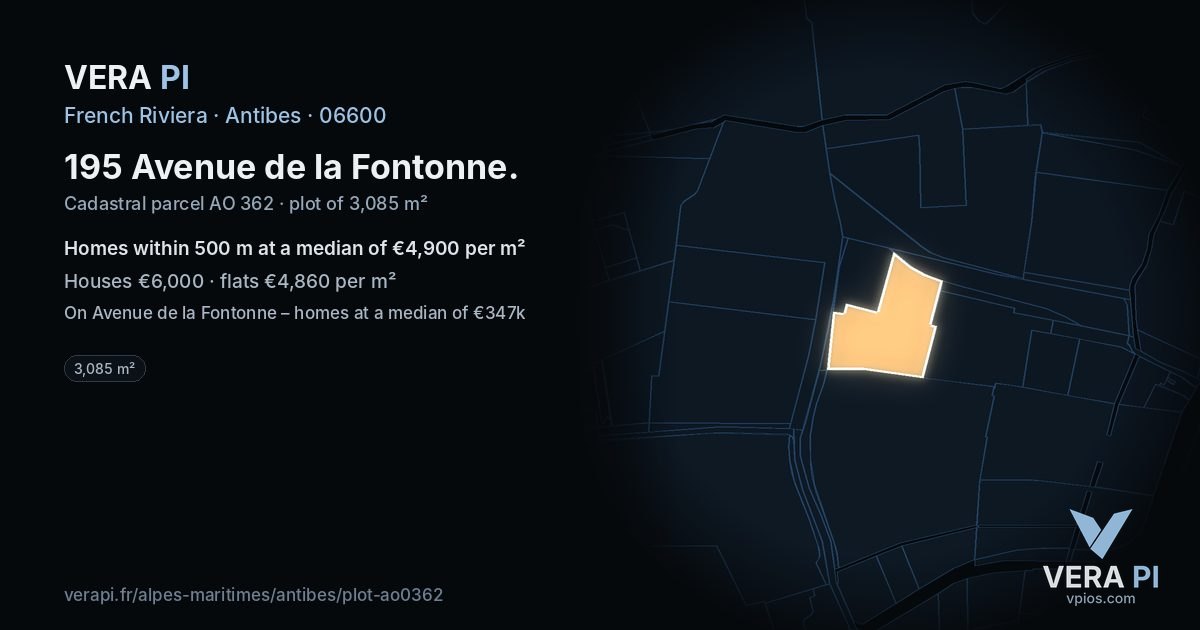 195 Avenue de la Fontonne, Antibes at night – the plot lit, the parcels around coloured by the prices near them