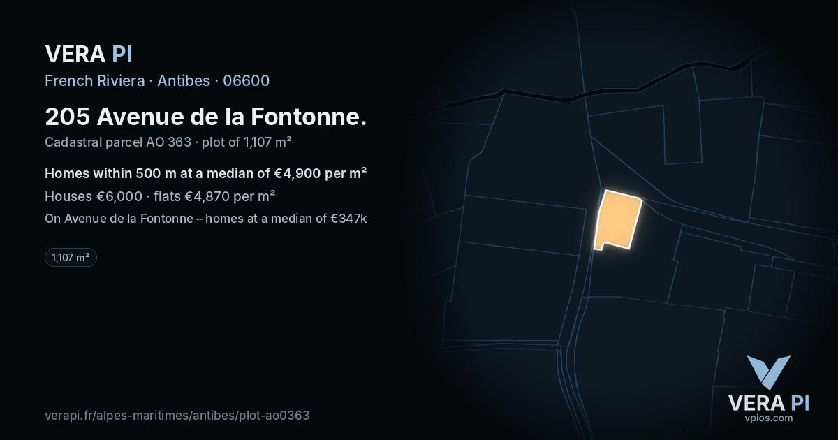 205 Avenue de la Fontonne, Antibes at night – the plot lit, the parcels around coloured by the prices near them