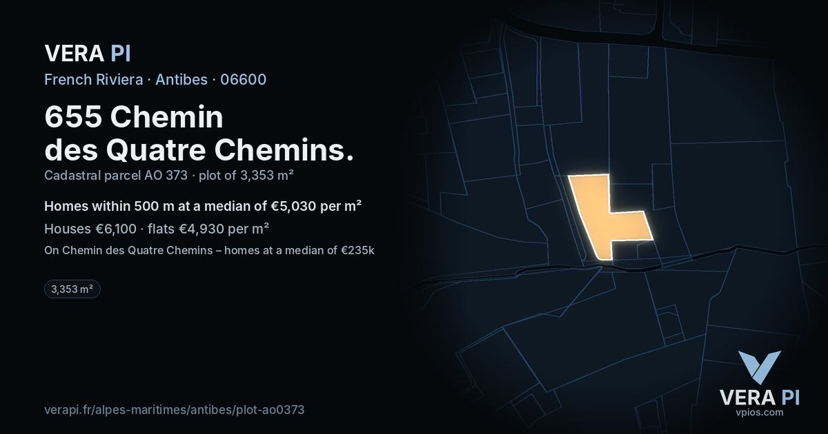 655 Chemin des Quatre Chemins, Antibes at night – the plot lit, the parcels around coloured by the prices near them