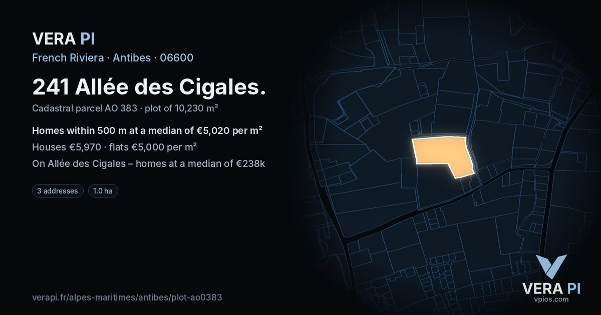 241 Allée des Cigales, Antibes at night – the plot lit, the parcels around coloured by the prices near them