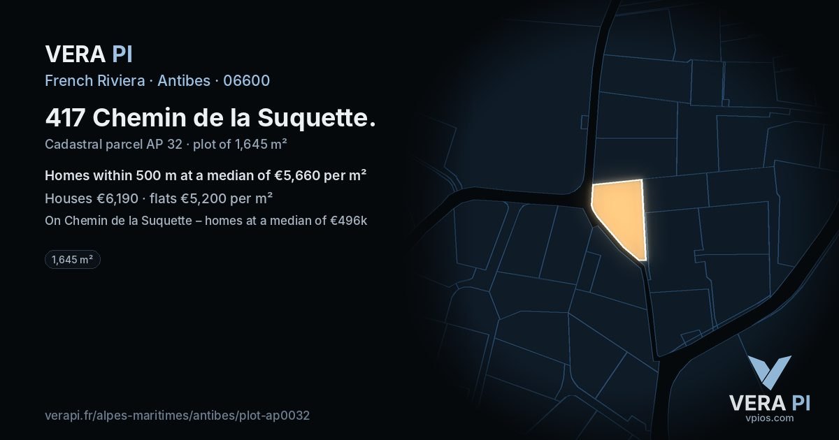 417 Chemin de la Suquette, Antibes at night – the plot lit, the parcels around coloured by the prices near them