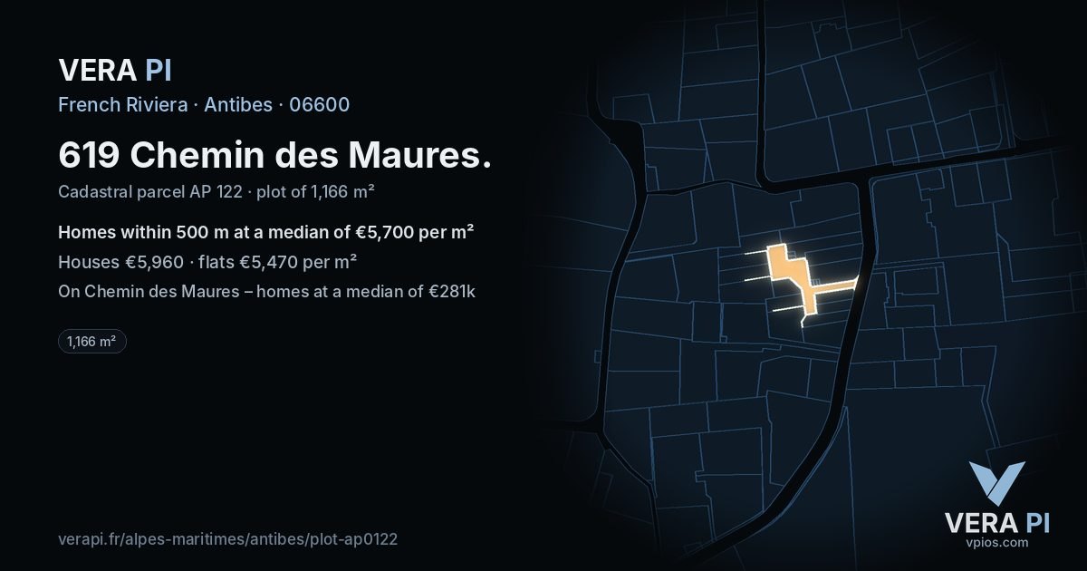 619 Chemin des Maures, Antibes at night – the plot lit, the parcels around coloured by the prices near them