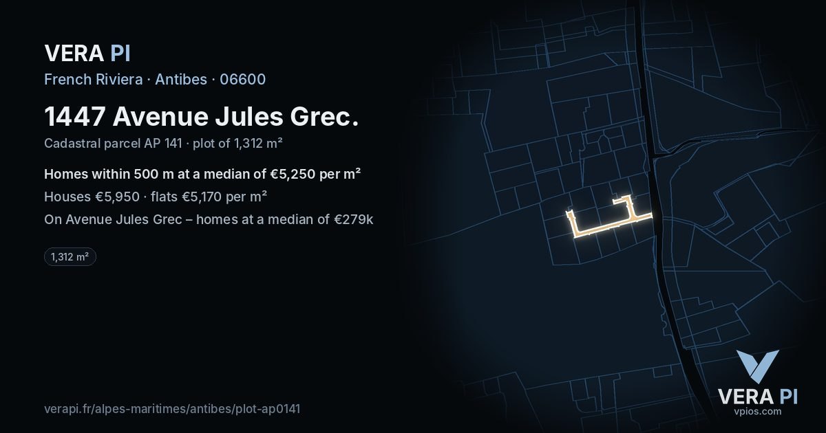 1447 Avenue Jules Grec, Antibes at night – the plot lit, the parcels around coloured by the prices near them