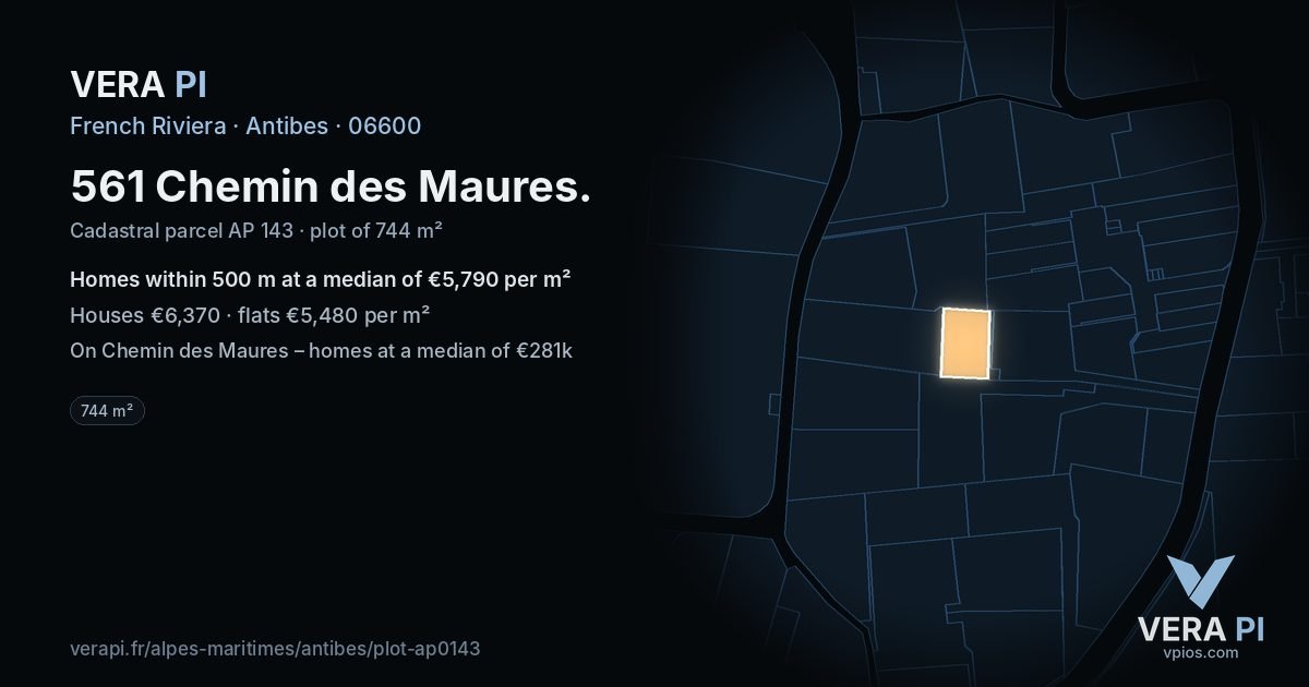 561 Chemin des Maures, Antibes at night – the plot lit, the parcels around coloured by the prices near them