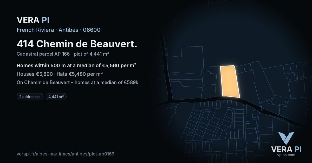 414 Chemin de Beauvert, Antibes at night – the plot lit, the parcels around coloured by the prices near them