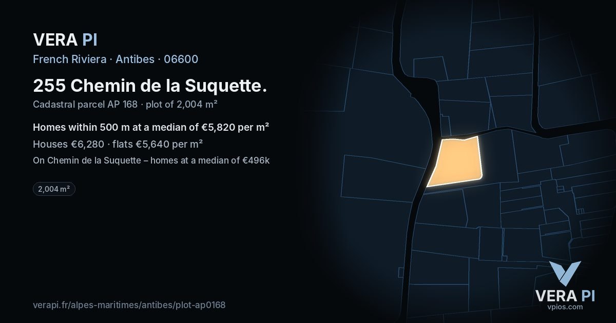 255 Chemin de la Suquette, Antibes at night – the plot lit, the parcels around coloured by the prices near them