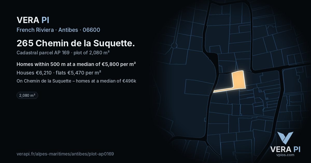 265 Chemin de la Suquette, Antibes at night – the plot lit, the parcels around coloured by the prices near them
