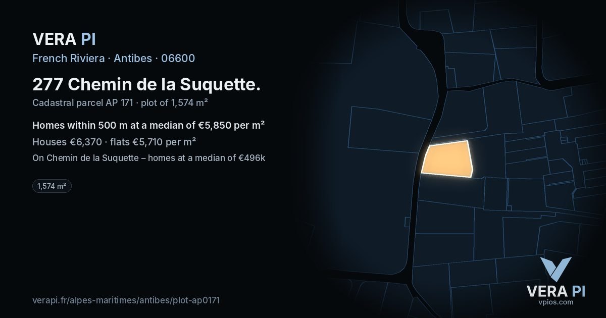 277 Chemin de la Suquette, Antibes at night – the plot lit, the parcels around coloured by the prices near them
