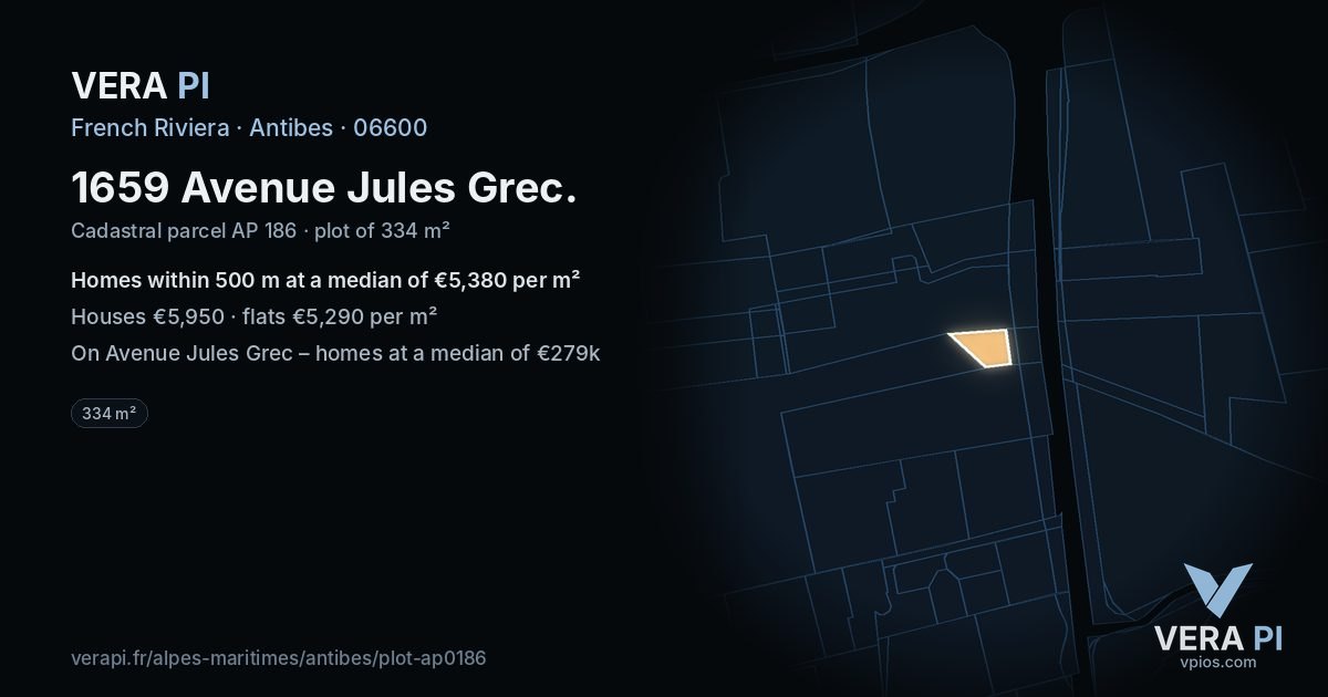 1659 Avenue Jules Grec, Antibes at night – the plot lit, the parcels around coloured by the prices near them